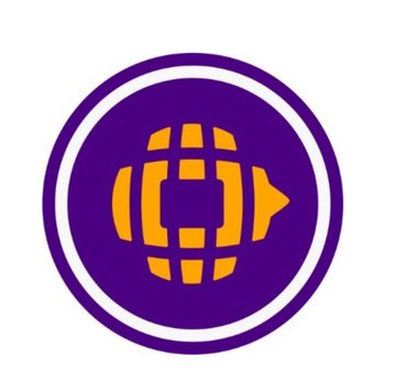 A purple circular logo featuring a stylized orange globe design with a play button arrow on the right side.