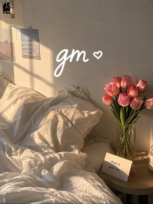 A cozy bedroom scene shows unmade white bedding next to a bedside table with pink tulips, a 'Have a good day!' card, and the text 'gm ♡' written on the wall.
