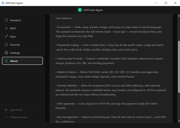 A screenshot of the SVPChain Agent desktop application displaying its 'About' section, which lists core features including AI assistant capabilities, perpetuals trading, subaccounts management, wallet operations, and key management.