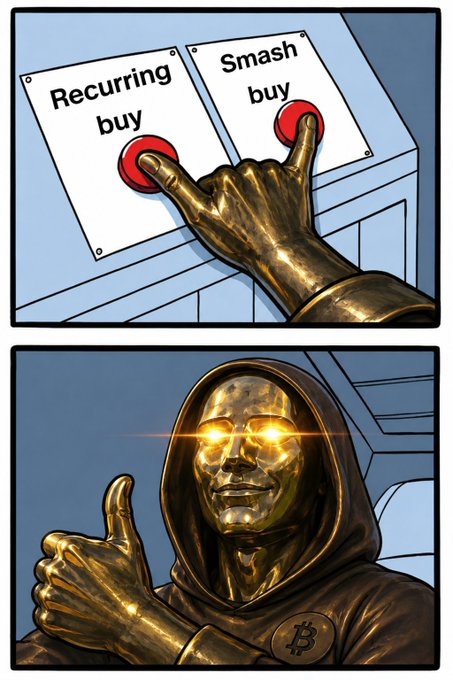 A golden Bitcoin-themed figure simultaneously presses both "Recurring buy" and "Smash buy" buttons, then gives a glowing thumbs-up of approval. The image humorously captures the post's enthusiasm about buying Bitcoin at $66K, advocating for both steady accumulation and opportunistic large purchases.