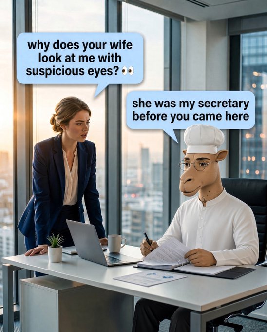 An AI-generated office meme shows a woman in a suit asking 'why does your wife look at me with suspicious eyes?👀' to a camel-headed figure in a chef hat who replies 'she was my secretary before you came here'.