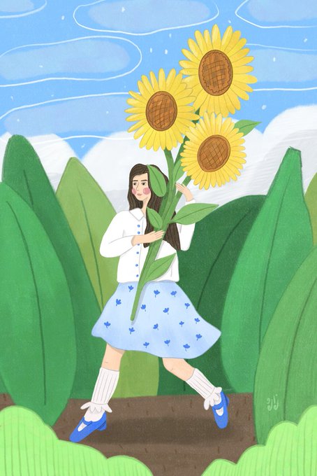 Illustration of a woman in white top and blue skirt walking through green hills carrying large sunflowers.