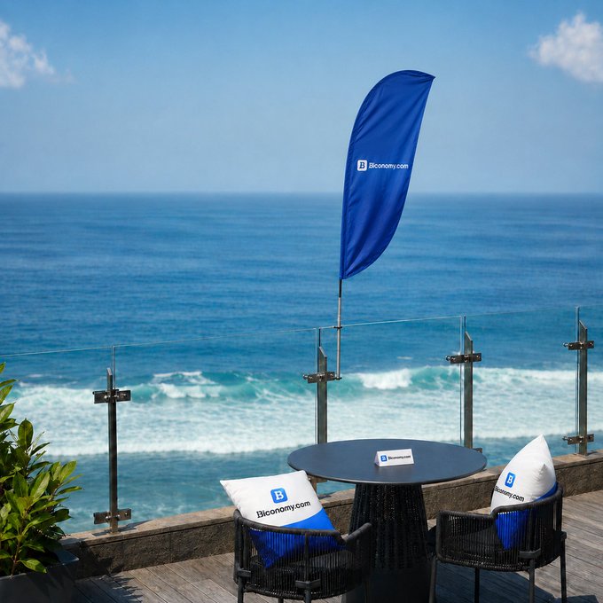 An oceanfront terrace with a blue Bicconomy.com flag, round table, and chairs featuring pillows with the Bicconomy.com logo.