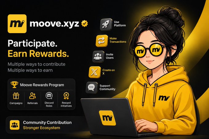 A promotional graphic for "moove.xyz" with the tagline "Participate. Earn Rewards." featuring a cartoon character in yellow branded apparel using a laptop, alongside icons for "Use Platform," "Make Transactions," "Invite Users," "Create on X," and "Support Community."