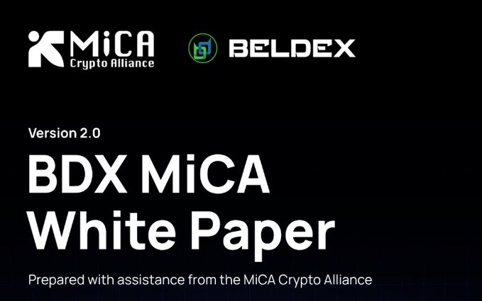 A black cover page displaying 'MiCA Crypto Alliance' and 'BELDEX' logos at the top, with the title 'BDX MiCA White Paper Version 2.0' and subtitle 'Prepared with assistance from the MiCA Crypto Alliance'.