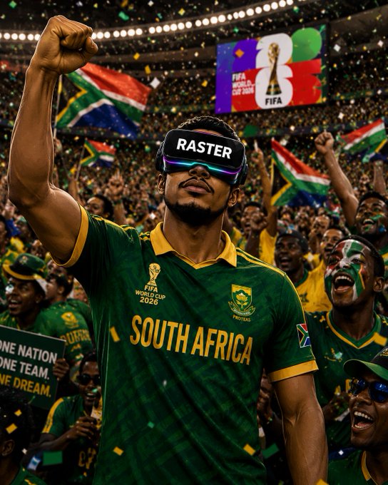The image features a man wearing a South Africa soccer jersey, surrounded by a crowd of people who are also dressed in green shirts and waving flags. The man appears to be celebrating or cheering during an event related to the World Cup. In the background, there is a banner with the words "FIFA" written on it, indicating that this gathering might be taking place at a soccer stadium or a similar venue associated with the FIFA World Cup.