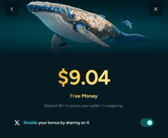 A mobile app screen showing a whale illustration and a balance of '$9.04 Free Money' with text 'Deposit $1+ to prove your wallet.'