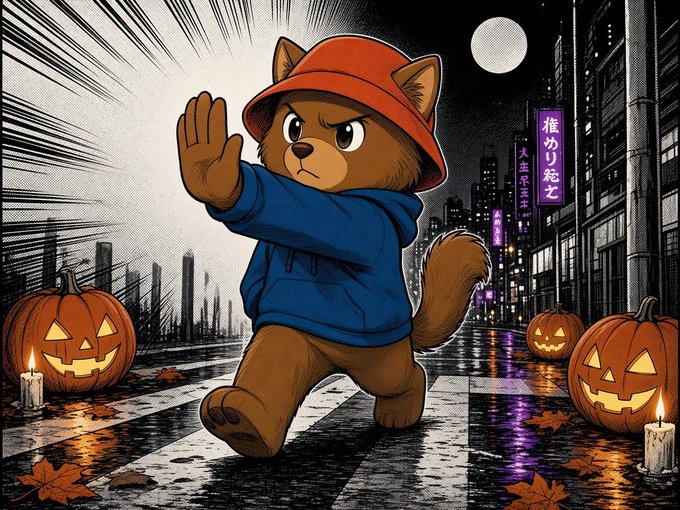 An anime-style illustration of a cat character wearing a red bucket hat and blue hoodie in a martial arts pose, with jack-o'-lanterns and a moonlit cityscape in the background.