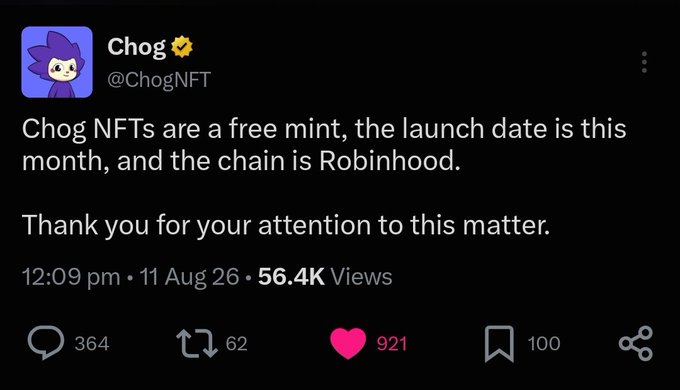 A tweet from Chog (@ChogNFT) posted at 12:09 pm on 11 Aug 26 with 56.4K views reads: "Chog NFTs are a free mint, the launch date is this month, and the chain is Robinhood. Thank you for your attention to this matter," receiving 364 replies, 62 reposts, 921 likes, and 100 bookmarks. The announcement, made to the broader public via Twitter, aligns with the post's note that the community was notified beforehand of this pivotal launch despite the project being difficult to reach.