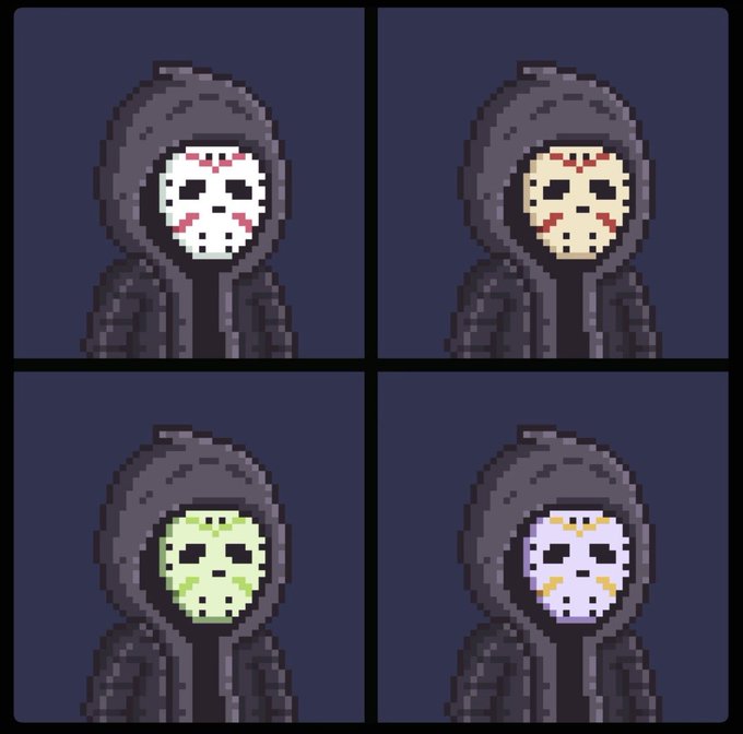 Four pixel-art figures in dark hooded cloaks are displayed in a grid, each wearing a different colored hockey-style mask (white, tan, green, and pale yellow/purple).