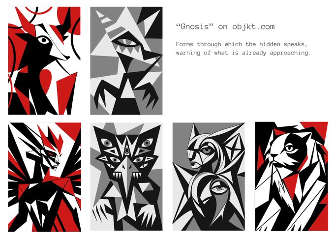 A collage of geometric animal and creature illustrations in red, black, white, and gray, captioned 'Gnosis' on objkt.com — Forms through which the hidden speaks, warning of what is already approaching.