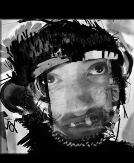 A black and white artistic double-exposure portrait of a person wearing headphones and goggles, with text elements visible on the face.