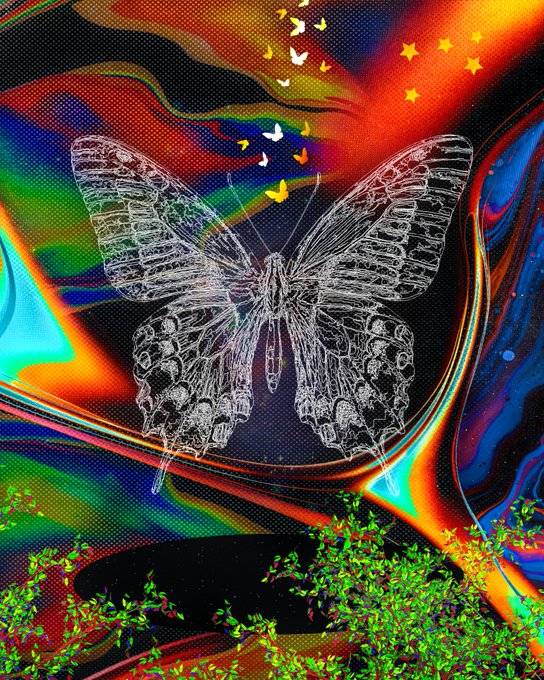 A vibrant, psychedelic digital artwork displays a detailed butterfly with translucent wings over a swirling background of rainbow colors, accented by small yellow stars and butterflies at the top and green foliage at the bottom.