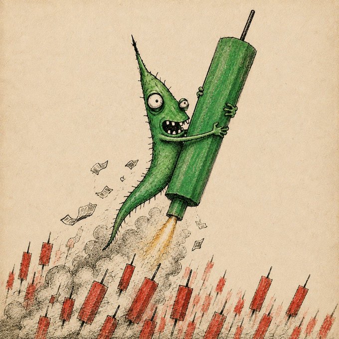 A spiky green worm creature rides atop a green candlestick like a rocket, blasting off through a forest of red candlesticks below, with paper money trailing behind it. The illustration visually embodies "WickWorm"—a creature born from stock chart candles (the "wicks" in the post)—symbolizing its chaotic ascent through the market toward the Robinhood Chain, with the red candles below representing the bearish territory it's escaping from as it launches on the Pons bonding curve.