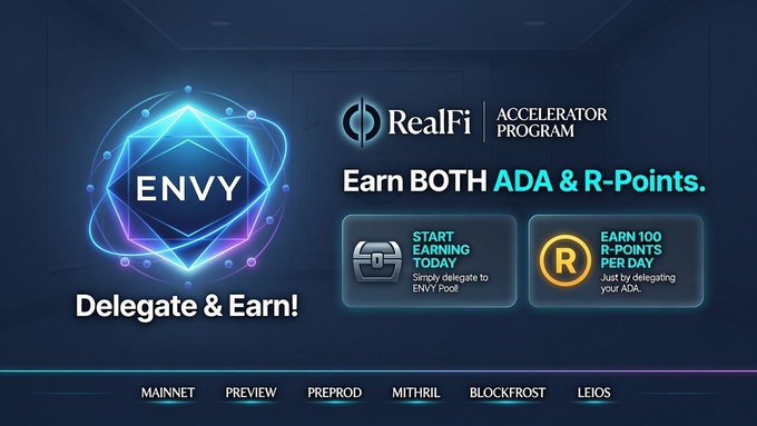 A promotional graphic for the RealFi Accelerator Program featuring 'ENVY Delegate & Earn!' with offers to earn ADA and 100 R-Points per day by delegating.