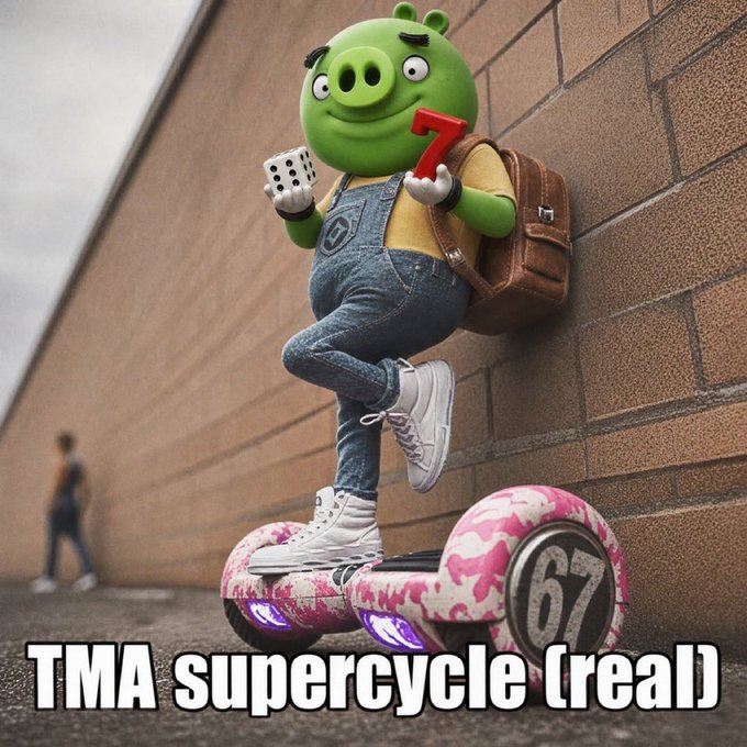 A meme featuring a 3D-rendered pig character holding dice and a '7', riding a pink camouflage hoverboard against a brick wall, captioned 'TMA supercycle (real)'.
