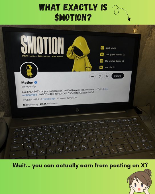 A laptop displays the @motiontip X profile tagged as "building 4663's largest social graph," with overlay text asking "WHAT EXACTLY IS $MOTION?" and "Wait… you can actually earn from posting on X?"—visually reinforcing the post's explanation of Motion as a TipFi protocol that rewards X activity.
