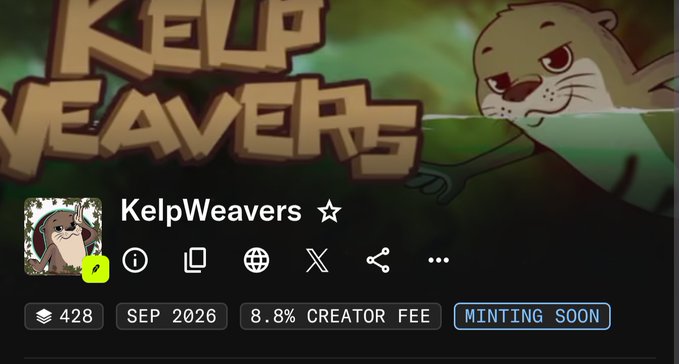 The image shows a project profile page for "KelpWeavers," an NFT collection with a star rating, 428 followers, an 8.8% creator fee, and a "MINTING SOON" status, set against a cartoon otter logo and banner. This aligns with the post's mention of @kelpWeaversNft, highlighting details like the upcoming mint (8888 supply with 2000 free items and 6888 priced at 0.001E each) launching on OpenSea.