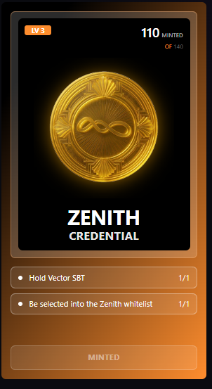 The image shows a gold coin with an " infinity" symbol, which appears to be a virtual representation of a coin. The coin has been minted by the AI SocialFi company and is being held by someone who has selected it into their collection. The coin's value is 110/140, indicating that it is worth more than 100 cents but less than 140 cents.