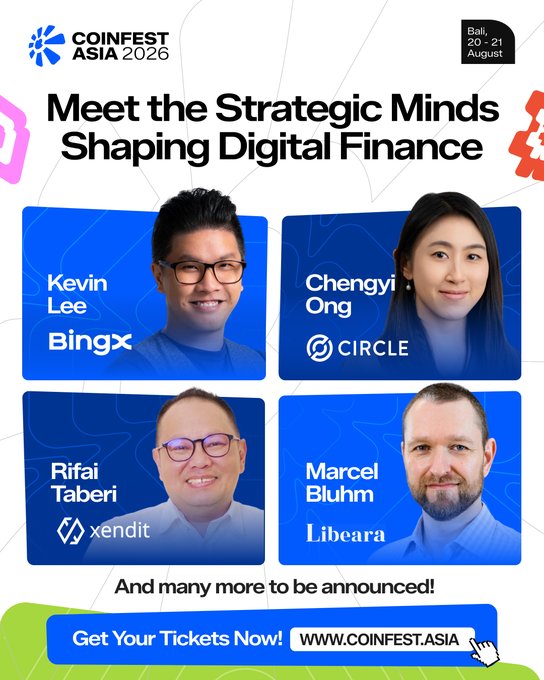 A Coinfest Asia 2026 promotional poster for Bali (20-21 August) titled 'Meet the Strategic Minds Shaping Digital Finance,' featuring Kevin Lee (BingX), Chengyi Ong (Circle), Rifai Taberi (xendit), and Marcel Bluhm (Libeara).