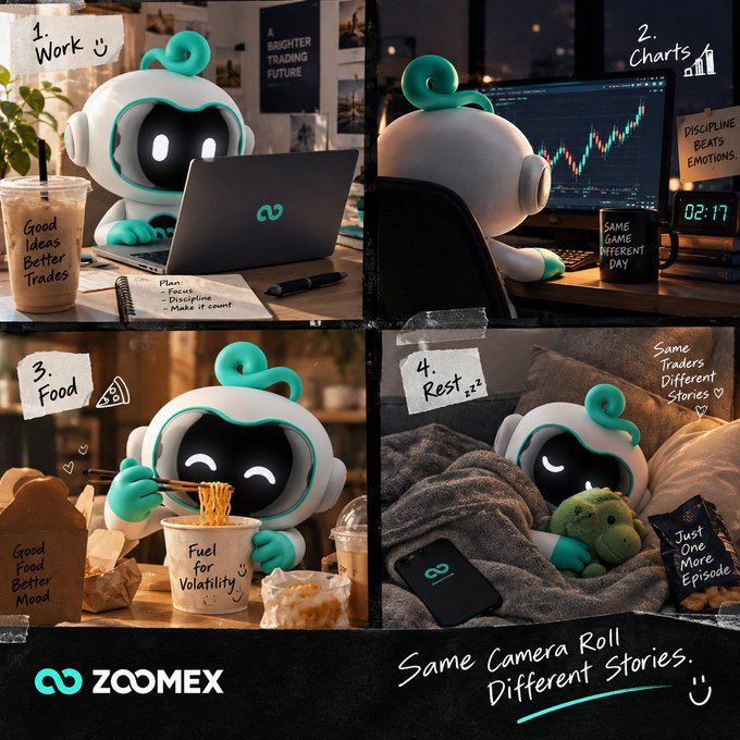 A four-panel collage by ZoomEx showing their mascot's weekly routine: working at a laptop labeled "Work," analyzing candlestick charts on a screen ("Charts"), enjoying noodles from a cup marked "Fuel for Volatility" ("Food"), and resting in bed with a plush toy ("Rest"), with the tagline "Same Camera Roll. Different Stories." promoting a contest for followers to share their own 4-photo collages for a chance to win 10 USDT.