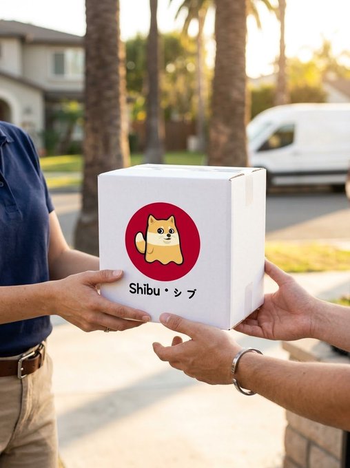 Two people exchange a white cardboard box featuring a Shiba Inu logo in a red circle with the text 'Shibu • シブ' printed below it, set in a sunny suburban neighborhood with palm trees.