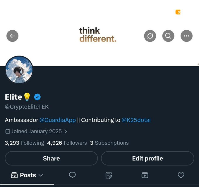 A Twitter/X profile for 'Elite' (@CryptoEliteTEK) with the banner 'think different', described as an Ambassador for @GuardiaApp and Contributing to @K25dotai, with 4,926 followers.