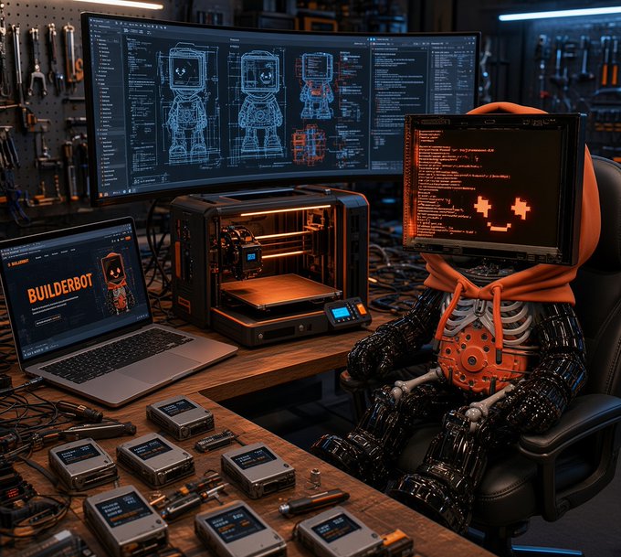 A robot with a monitor head and orange hoodie sits at a cluttered workstation, with a 3D printer, a laptop displaying "BUILDERBOT", and multiple screens showing technical schematics.