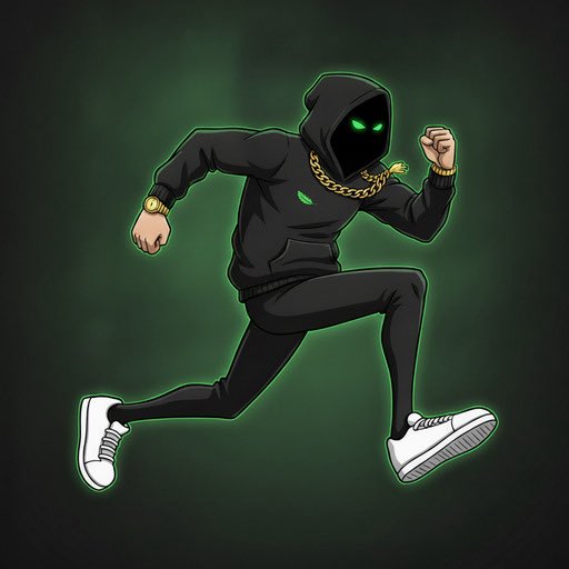 A cartoon illustration of a hooded figure in black athletic wear with glowing green eyes, gold chains and watches, and white sneakers running in a dynamic pose.
