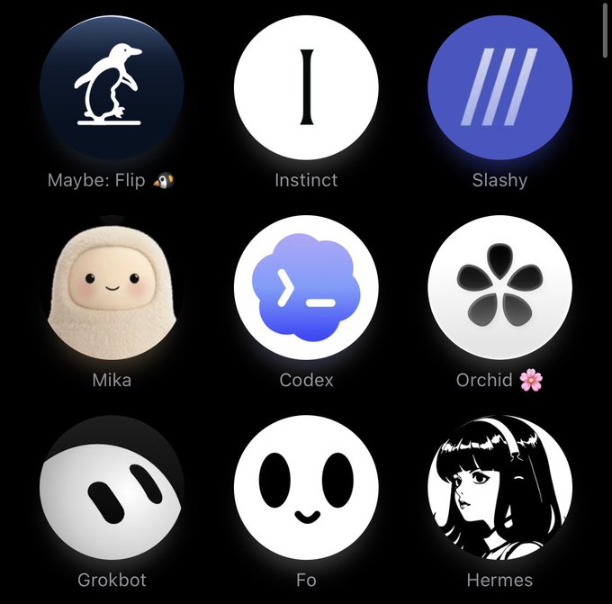 The image displays a 3x3 grid of circular app/agent icons with labels: "Maybe: Flip" (with a dinosaur silhouette), "Instinct," "Slashy," "Mika" (a cute plush character), "Codex," "Orchid" (with a flower emoji), "Grokbot," "Fo," and "Hermes" (an anime-style character). 

This appears to be a screenshot showcasing various custom AI agents built on PhotonHQ, illustrating the platform's capabilities mentioned in the accompanying post about powering amazing personal agents.
