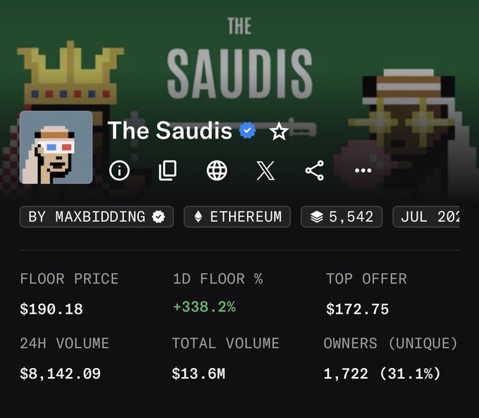 A webpage displaying NFT collection statistics for "The Saudis," showing a floor price of $190.18, 1D floor percentage of +338.2%, top offer of $172.75, and 24H volume of $8,142.09.