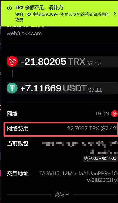 The image shows a TRON blockchain transaction confirmation screen displaying an exchange of 7.11869 USDT for -21.80205 TRX, with a highlighted network fee of 22.7697 TRX (approximately $7.42) — highlighting the user's complaint that the $7 USDT swap was charged nearly $7 in fees, effectively wiping out the entire transaction value.