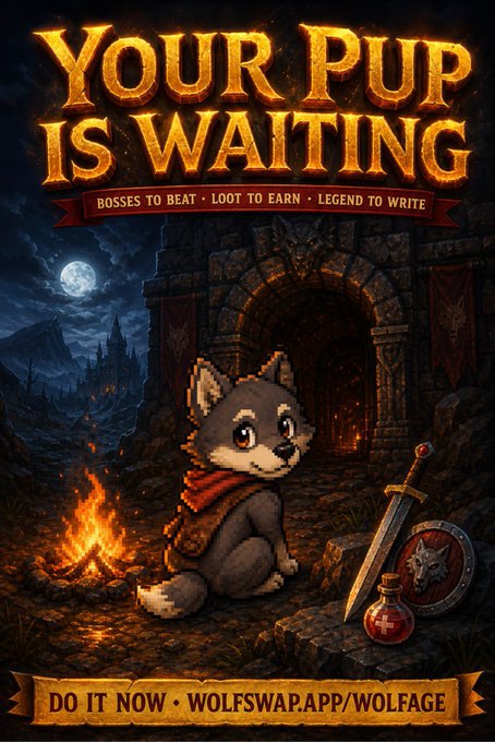 The image features a cartoon wolf sitting next to a fire with a banner that says "Your Puppy Is Waiting" above it. Below this, there are two swords and a shield, suggesting an adventure or battle setting. The text on the poster indicates that players can now engage in Dungeons in Wolfage, which is a major gameplay expansion for the popular video game series. This expansion focuses on character development, exploration of new lands, and engaging with other characters to progress through the story.
