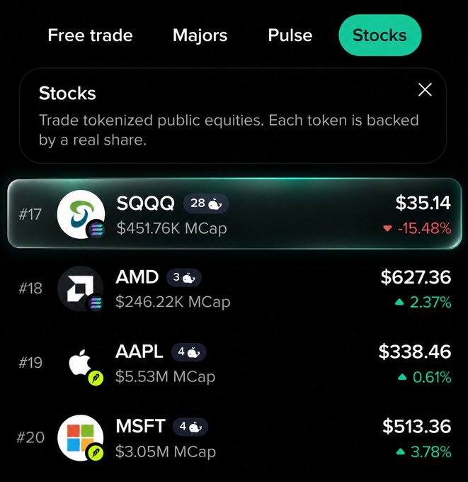 The image shows a mobile app interface listing tokenized stocks available for trading, with $SQQQ highlighted at the top priced at $35.14 (-15.48%), confirming the post's announcement that SQQQ is now live on Moby via Sunrise for 24/7 tokenized stock trading on Solana. Other visible tickers include AMD ($627.36), AAPL ($338.46), and MSFT ($513.36).