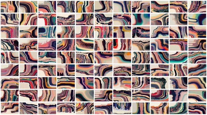 A grid of many small square abstract paintings featuring swirling, marbled patterns in various colors including pink, blue, black, white, and orange.