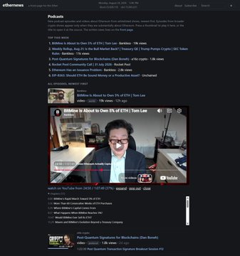 The image shows the "Podcasts" section of EtherNews, featuring a list of crypto podcast episodes including shows like "BMNews" and "Bitcoin is About to Own 5% of ETH," with the visible post confirming the site's new podcast integration featuring YouTube API playback and chapter-linked show notes.