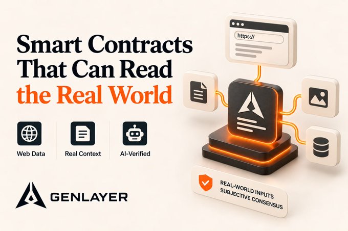 The image is a promotional graphic for **GenLayer** featuring the headline "**Smart Contracts That Can Read the Real World**," alongside icons representing Web Data, Real Context, and AI-Verified capabilities, with a 3D illustration of a smart contract block connected to external data sources like URLs, documents, images, and databases. It visually reinforces the post's argument by showcasing how GenLayer's architecture breaks the EVM's isolation, enabling smart contracts to access real-world inputs and subjective consensus rather than being sealed off from external data.