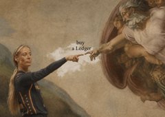 An artistic recreation of Michelangelo's 'Creation of Adam' fresco, with a woman pointing toward God, accompanied by the text 'be a Lawyer'.
