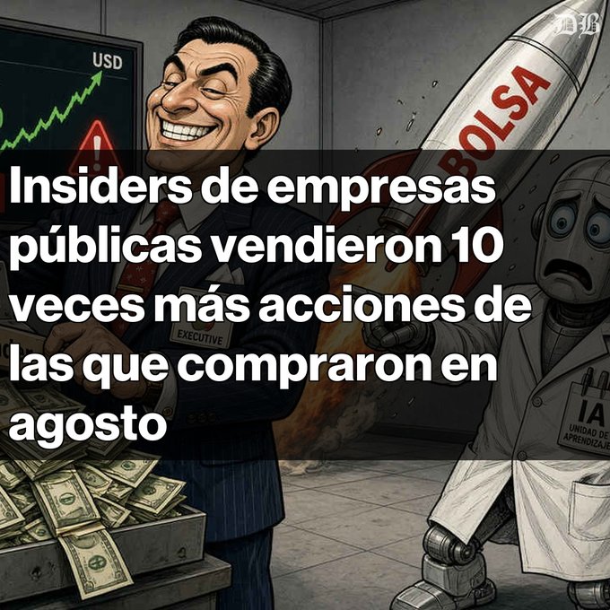 A cartoon showing a smiling executive holding cash next to a launching rocket labeled 'BOLSA', with an alarmed robot labeled 'IA'; the overlay reads 'Insiders de empresas públicas vendieron 10 veces más acciones de las que compraron en agosto'.