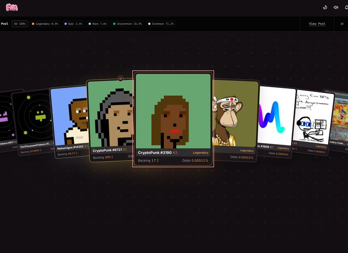 A dark-themed NFT marketplace interface displaying various CryptoPunk collectible cards, with rarity statistics at the top and stacking/odds information visible on the cards.