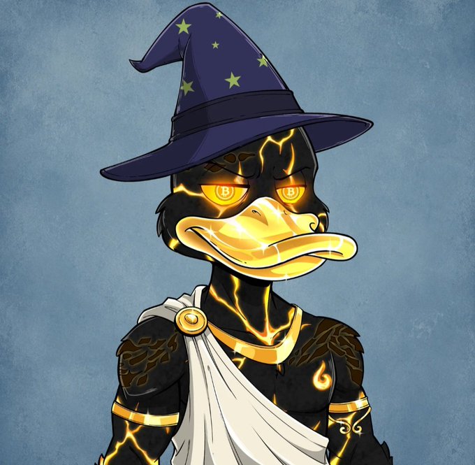 A digital illustration of a black duck character with glowing yellow/gold cracked patterns, wearing a purple wizard hat with stars and a white toga with gold accents.