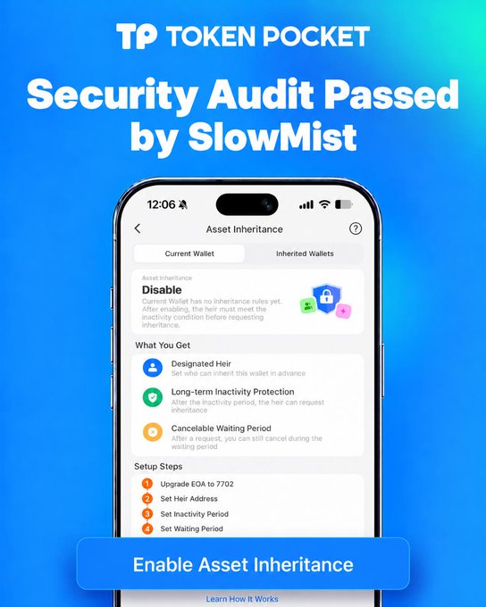 Promotional graphic for TP Token Pocket announcing it passed a security audit by SlowMist, displaying a smartphone interface for the Asset Inheritance feature.