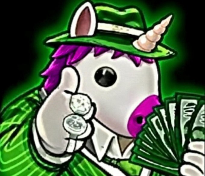 Cartoon unicorn mascot wearing a green hat with a unicorn horn, holding a coin and fanning out cash bills against a green glow background.
