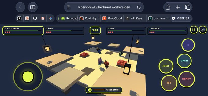 A browser screenshot shows a 3D platformer game in progress at viber-brawl.viberbrawl.workers.dev, with on-screen controls including a joystick and labeled buttons like JUMP, DASH, and HIT.