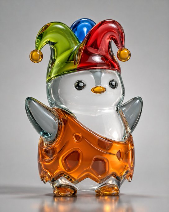 The image features a glass penguin figurine standing upright with its arms outstretched, wearing an orange and green outfit that includes a red hat. The penguin appears to be posing for the photo against a gray background. The text "PENGU Morning" is visible in the image, which might suggest that this penguin figurine was created by a company named "PENGU Morning".