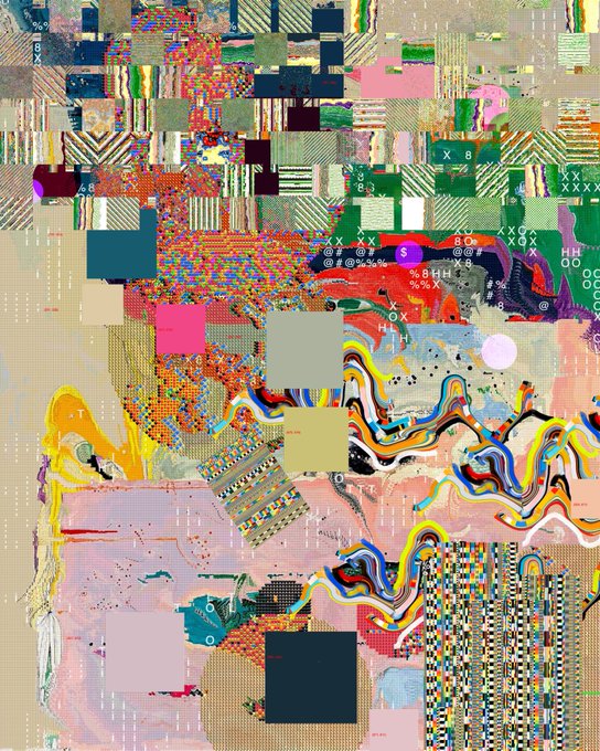 An abstract digital art piece featuring a chaotic, colorful collage of geometric patterns, pixelated textures, flowing organic shapes, and symbols resembling glitch art or generative art composition.