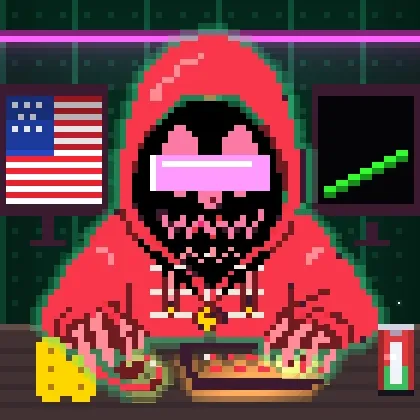 A pixel art illustration similar to the previous one, showing a character in a red hooded cloak with pink heart eyes, with an American flag on the left monitor and a green rising chart on the right monitor.