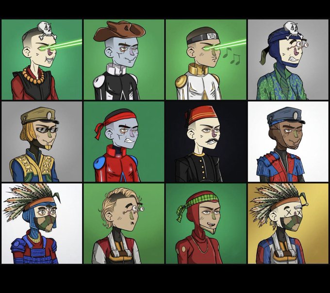A 3x4 grid of twelve cartoon character portraits featuring various cyberpunk and futuristic designs, including characters with mohawks, feathers, bandanas, and glowing green laser eyes.