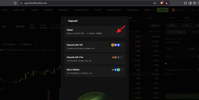 A screenshot of the Hotcoin.trade deposit page showing a wallet balance of 240.95 USD with options to deposit via QR (Binance, Kraken), Fiat (Revolut, Google Pay), or MetaMask/Coinbase, with a red arrow pointing toward the options.
