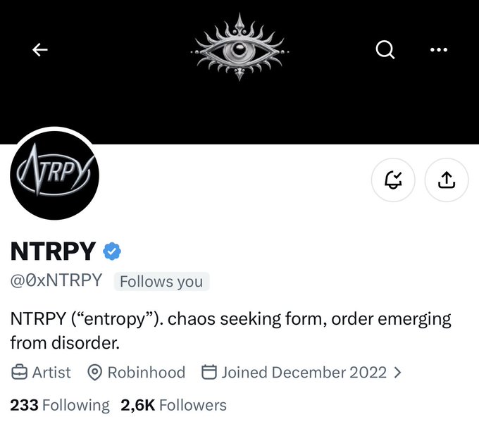 A Twitter/X profile for verified artist account "NTRPY" (@0xNTRPY), which follows the user, features a black profile picture with stylized white text and is described as "entropy. chaos seeking form, order emerging from disorder." The profile, which joined in December 2022, links to Robinhood and serves as the artist behind the upcoming 3,333 NFT collection collaboration with @deepxhl and @JustJay4k.